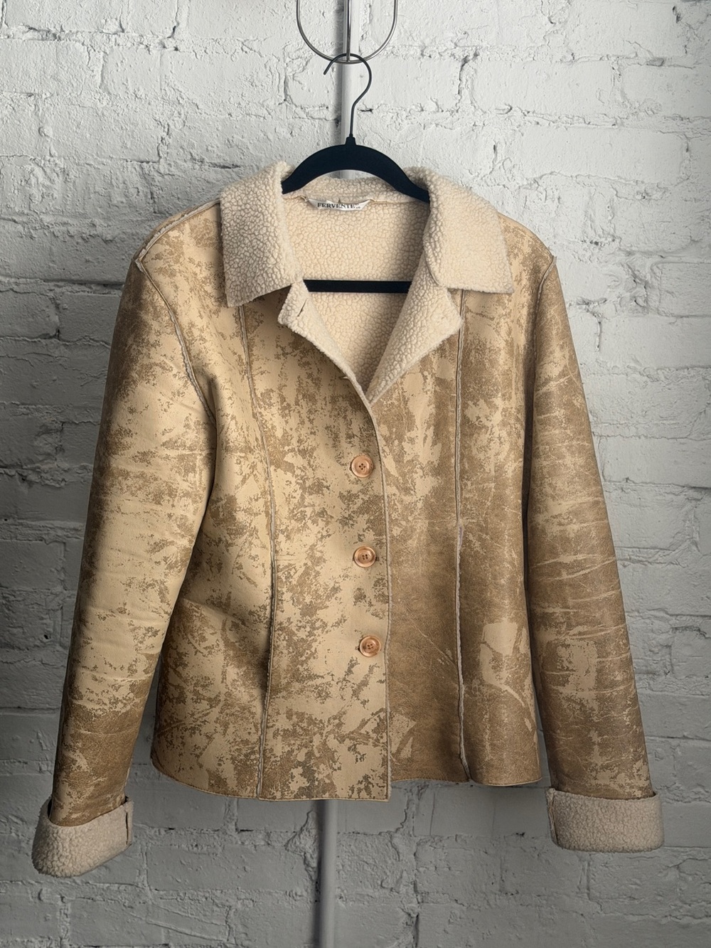 Vintage 90s/Y2K Fervente Women's Tan Shearling-Trim Faux Suede Leather Jacket